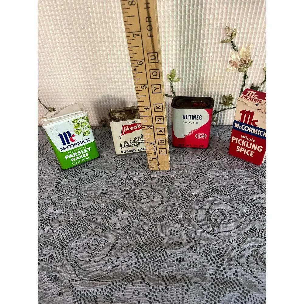 Vintage Spice Tin Lot of 4 McCormick French's IGA Nutmeg Sage Parsley Pickling